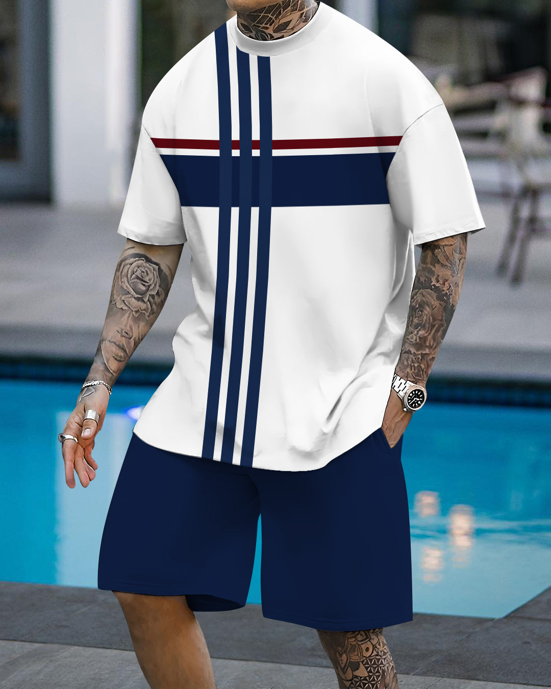 Men's fashion casual color matching printed short-sleeved two-piece set