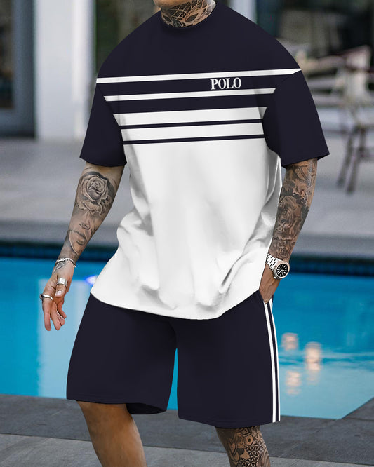 Men's fashion casual color matching printed short-sleeved two-piece set