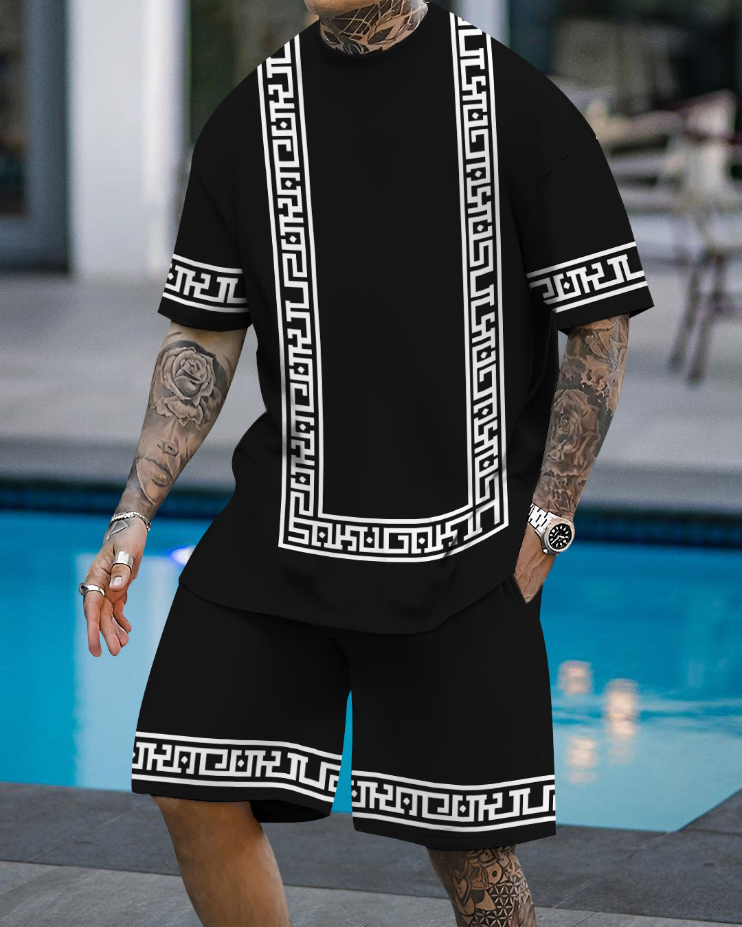 Men's fashion casual geometric print short sleeve two-piece set