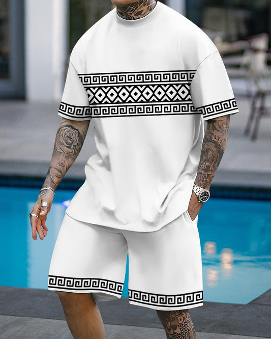 Men's fashion casual geometric print short sleeve two-piece set